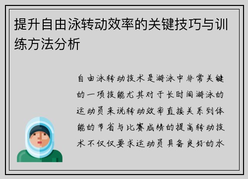 提升自由泳转动效率的关键技巧与训练方法分析